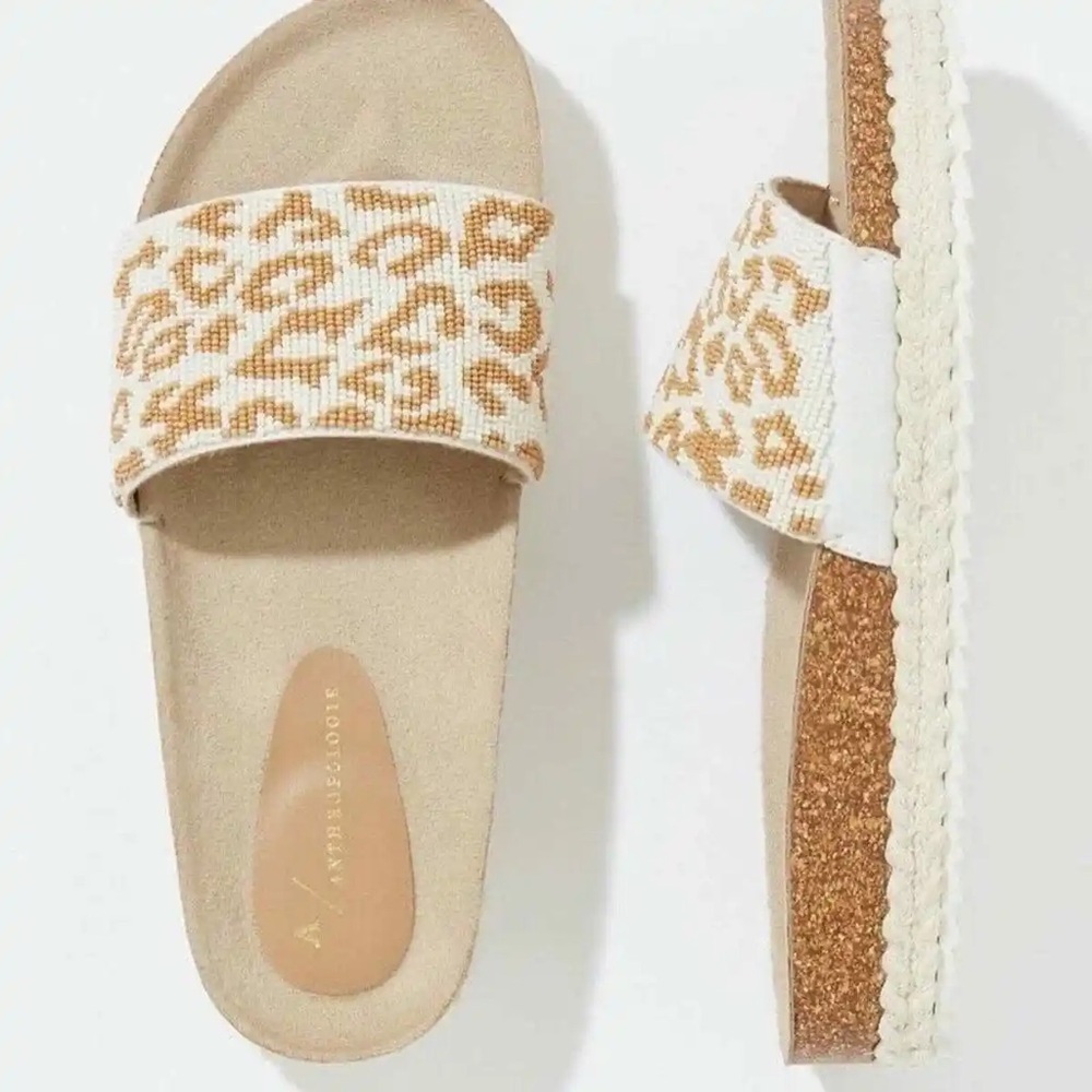Anthropologie Beaded Animal Print Neutral  Yara Slide Espadrille Sandals